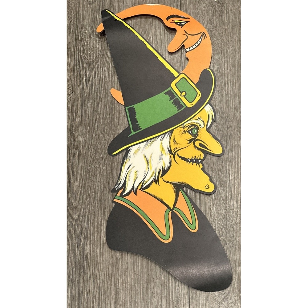 True Vintage Beistle Witch Crescent Moon Paper Cardboard Halloween Smiling Moon